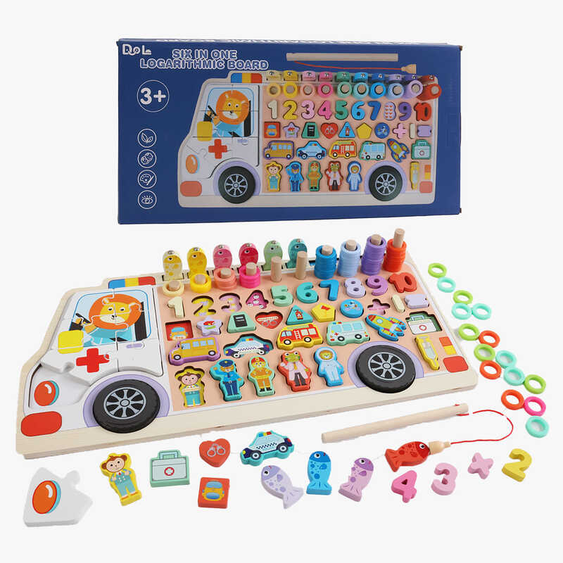 Дошка логічна C 53625 (30) дерев“яна, сортер, пазл, магнітна риболовля, назви цифр та фігур англійською мовою, дерев“яні кілочки, кольорові кільця, в коробці