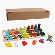 Дошка логічна C 53797 (24) дерев“яна, сортер, дерев“яні кілочки, кольорові кільця, цифри, фігури, в коробці