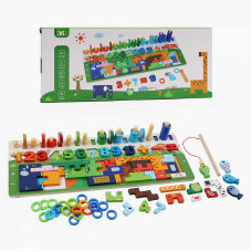 Дошка логічна C 73233 (36) магнітна риболовля, дерев’яна, цифри, сортер, пазл, тваринки, кілочки, кольорові кільця, в коробці