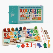Дошка логічна C 73280 (60) магнітна риболовля, дерев’яна, назви англійською мовою, цифри, геометричні фігури, сортер, мішечок, тваринки, пазл, в коробці