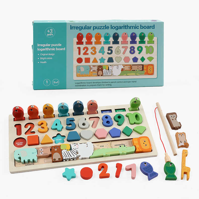 Дошка логічна C 73280 (60) магнітна риболовля, дерев’яна, назви англійською мовою, цифри, геометричні фігури, сортер, мішечок, тваринки, пазл, в коробці