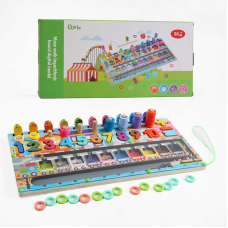Дошка логічна D 38475 (20) дерев’яна, магнітна гра, магнітна риболовля, дерев“яні кілочки, кольорові кільця, сортер, цифри, в коробці