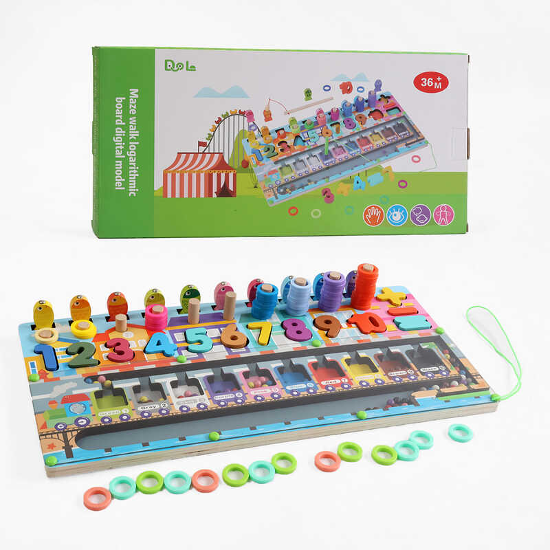 Дошка логічна D 38475 (20) дерев’яна, магнітна гра, магнітна риболовля, дерев“яні кілочки, кольорові кільця, сортер, цифри, в коробці