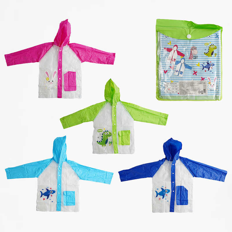 Дощовик дитячий C 68738 (100) щільний, на кнопках, капюшон, кишеня з клапаном, зріст 125-138 см, у пакеті, ВИДАЄТЬСЯ МІКС ВИДІВ