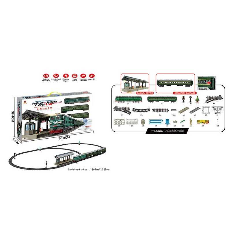 Залізниця 22915 (12/2)  залізнична колія, залізнична станція, локомотив, 2 вагони, підсвічування, звуки, в коробці