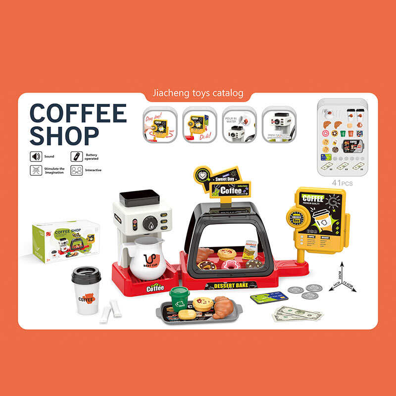 Кав“ярня 668-143 (36) 41 елемент, звукові ефекти каси, кавоварка наливає напій, вітрина з солодощами, стаканчики, круасани, пончики, в коробці