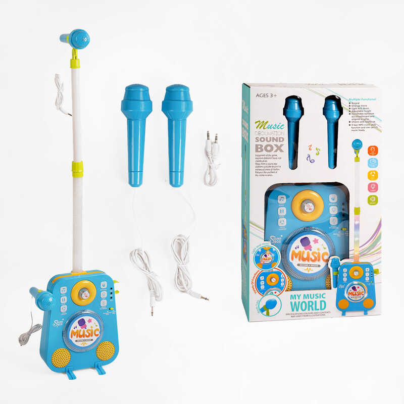 Караоке 1093 (18/2) підсвічування, 2 мікрофони, мелодії, підключення до MP3, регулювання гучності, функція запису, зміна голосу, кабель 3.5 мм, в коробці