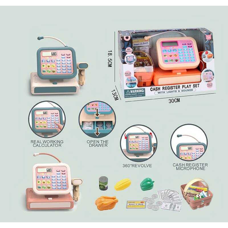 Касовий апарат 2023-8 (36/2) 2 види, сканер зі звуком та підсвічуванням, калькулятор, продукти, гроші, кошик, мікрофон, в коробці