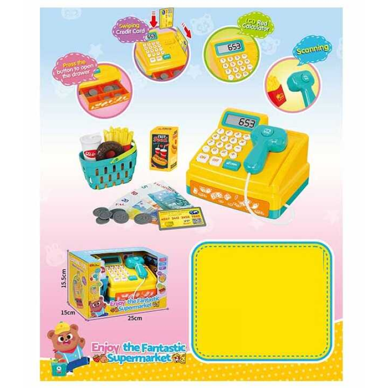Касовий апарат 35653 (12/2) підсвічування, звук, калькулятор, сканер, автоматичне висування шухляди, кошик, муляжі продуктів, монет, купюр, кредитної картки, в коробці