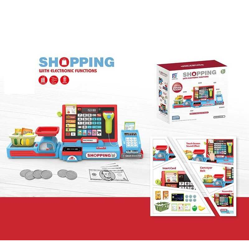 Касовий апарат 818-393 M (20) звуки, підсвічування, калькулятор, висувна шухлядка, муляжі продуктів і грошей, в коробці