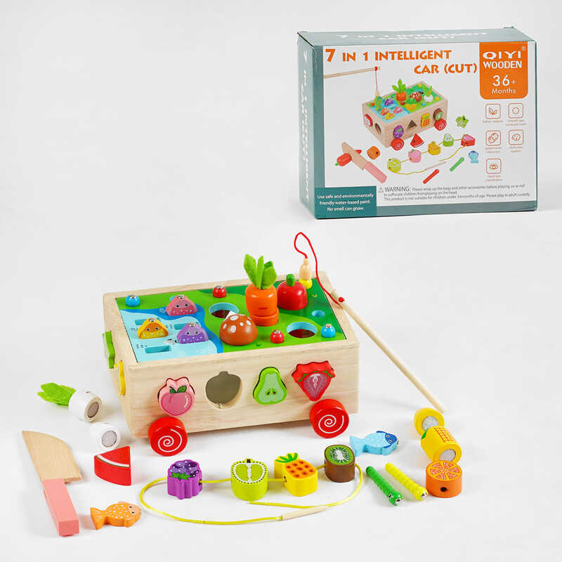 Каталка C 61743 (36) “Фрукти та овочі”, магнітна риболовля, овочі на липучках, сортер фрукти, ніж, в коробці