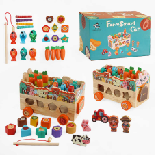 Каталка C 65754 (18) дерев’яна, декілька варіантів гри, сортер, магнітна риболовля, грядка з морквою, фігурки персонажів, тварин, в коробці