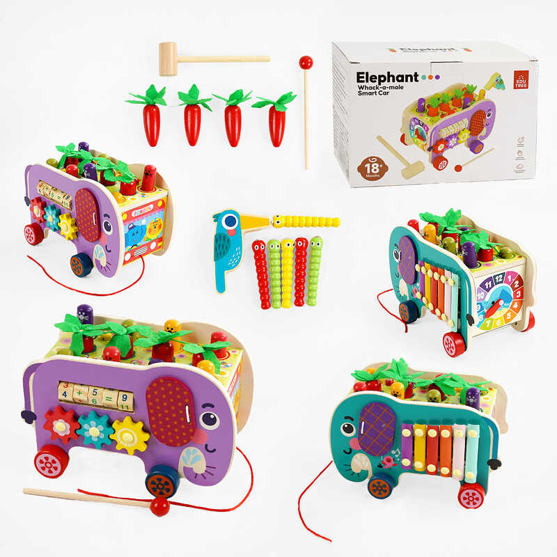 Каталка логічна C 68265 (24) дерев’яна, ксилофон, шестерні, пальчикові гра, годинник, стукалка, в коробці