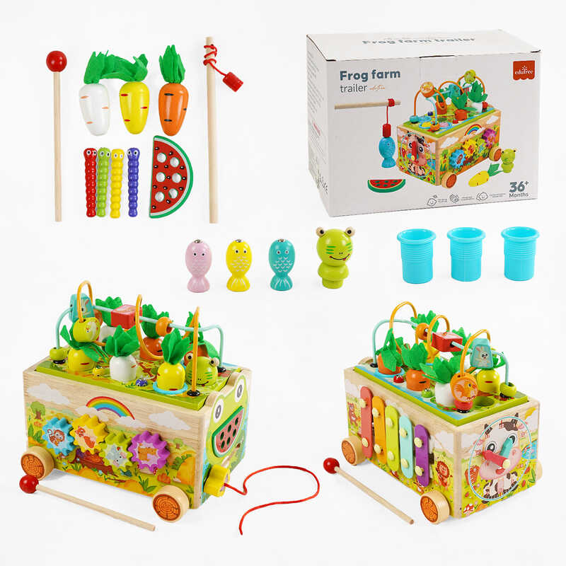 Каталка логічна C 68354 (24) дерев’яна, ксилофон, шестерні, пальчикова гра, годинник, , магнітна риболовля, в коробці