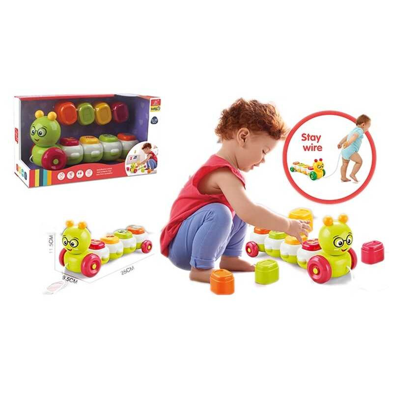 Каталка музична 898-2023 (36/2) “Гусеничка“, веселі мелодії, звукова імітація сміху, літери англійською, тваринки, в коробці