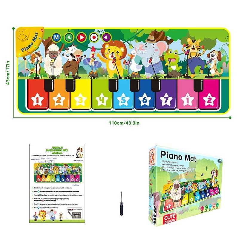 Килимок музичний 638-18 (36) 110 х 3 х 43 см, на батарейках, музичні інструменти, ноти, звуки тварин, запис, режим пам“яті, музика, в коробці