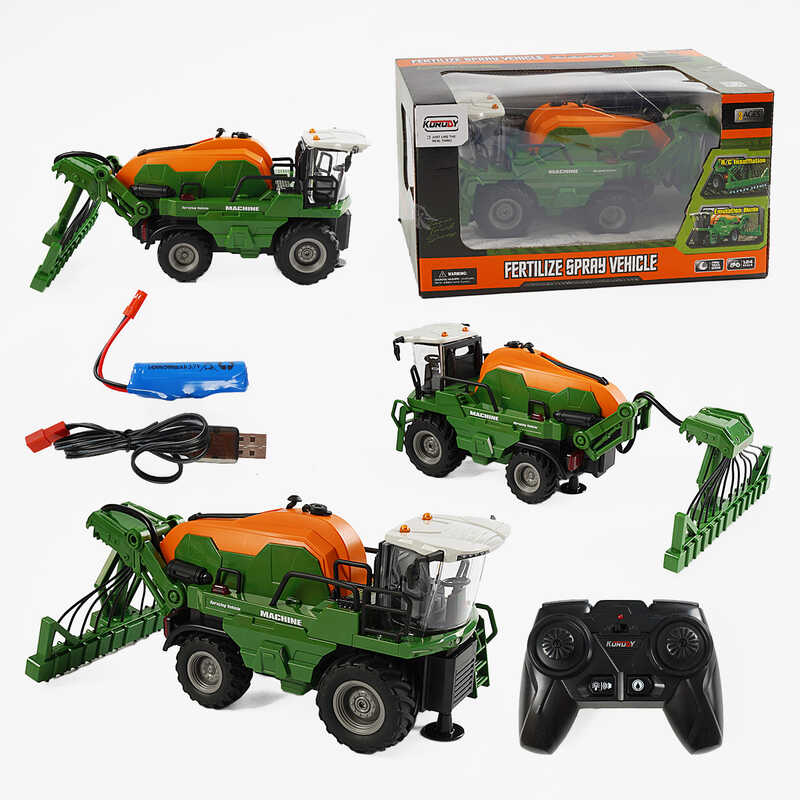 Комбайн на радіокеруванні 6610 (12) підсвічування, звук, акумулятор 3.7V, пульт 2.4GHz, USB-кабель, гумові колеса, розпилює воду, масштаб 1:24, в коробці