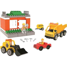 Конструктор 03-614 Pilsan (6) “Будівельний майданчик“, вантажівка, бульдозер, фігурки людей, рухомі деталі, огорожі, в коробці